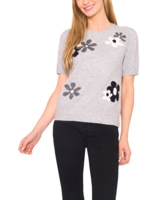 Women's Crewneck Flower Patterned Knit Short-Sleeve Sweater