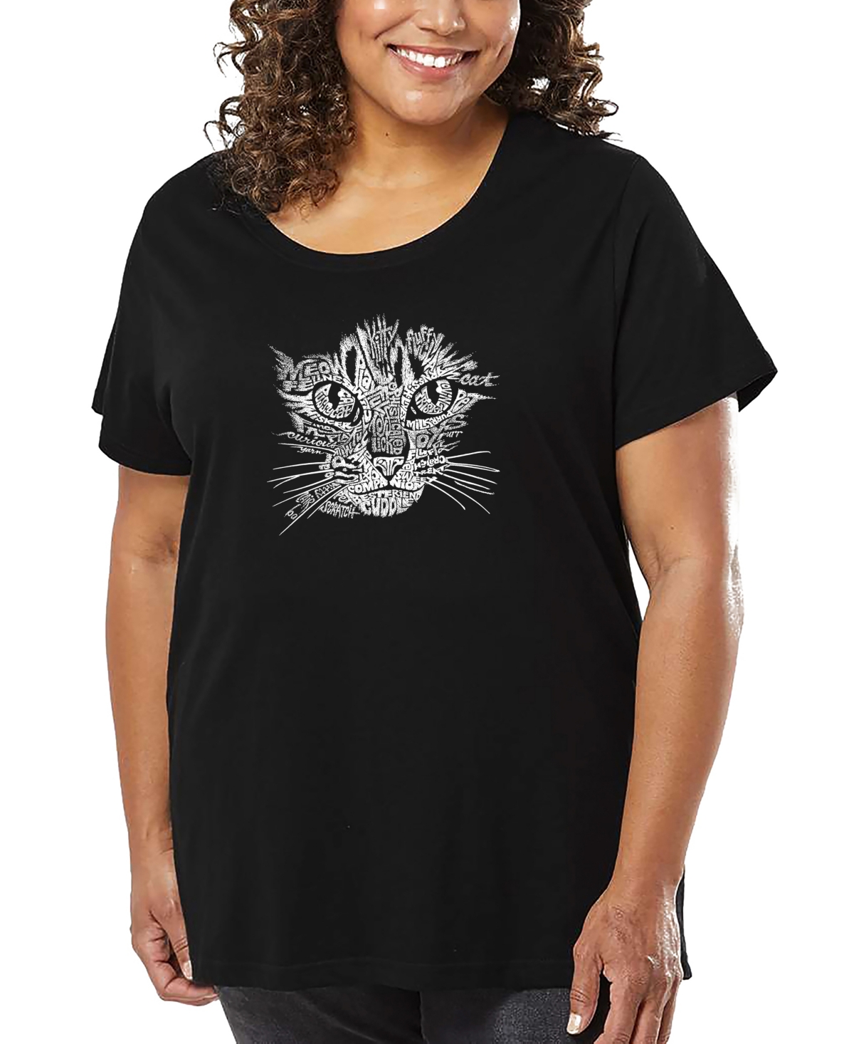 La Pop Art Plus Size Cat Face Word Art T-shirt In Black