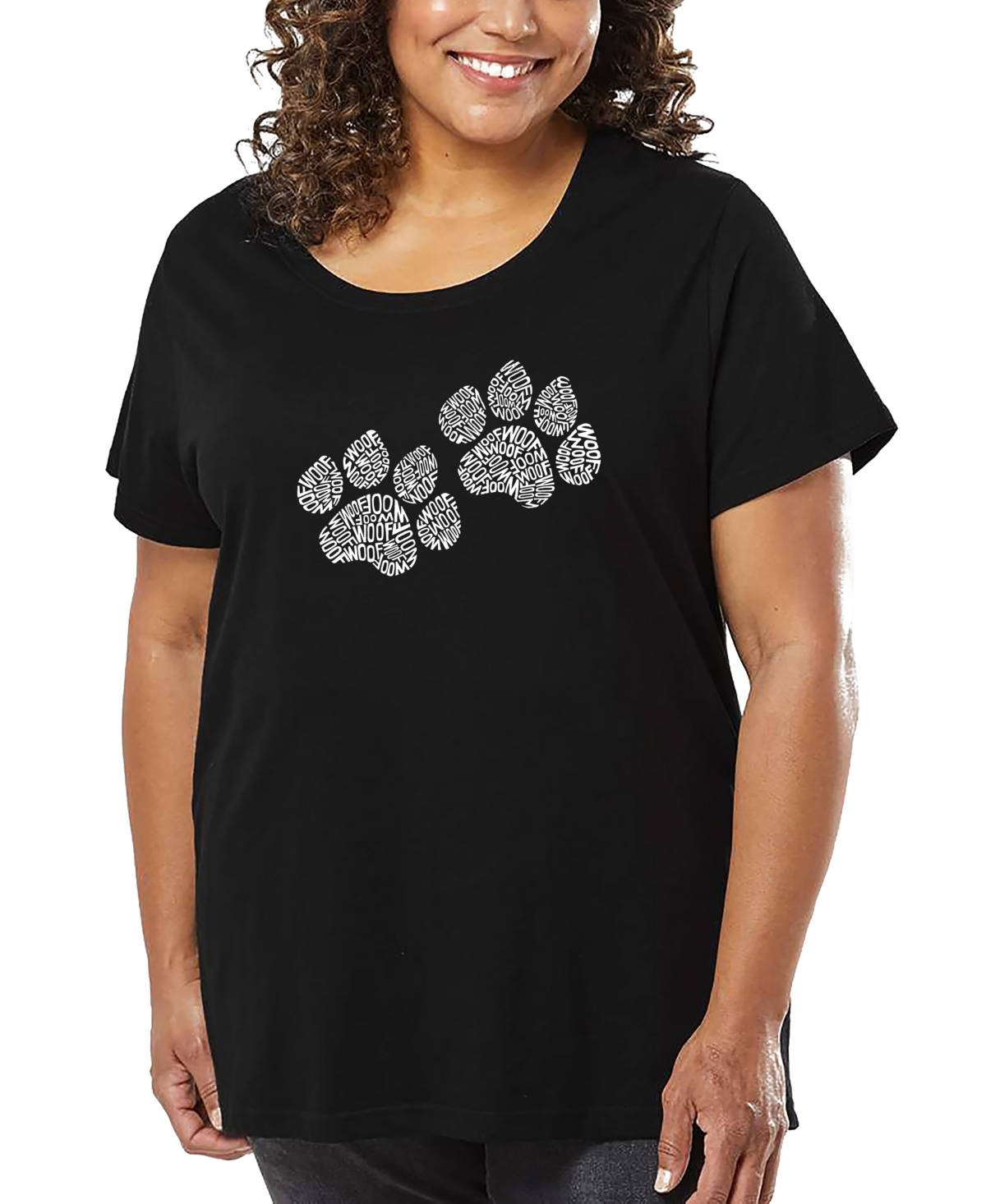 La Pop Art Plus Size Woof Paw Prints Word Art T-shirt In Black