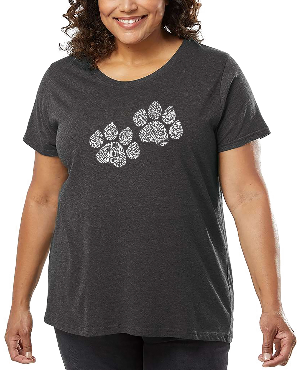 La Pop Art Plus Size Woof Paw Prints Word Art T-shirt In Gray