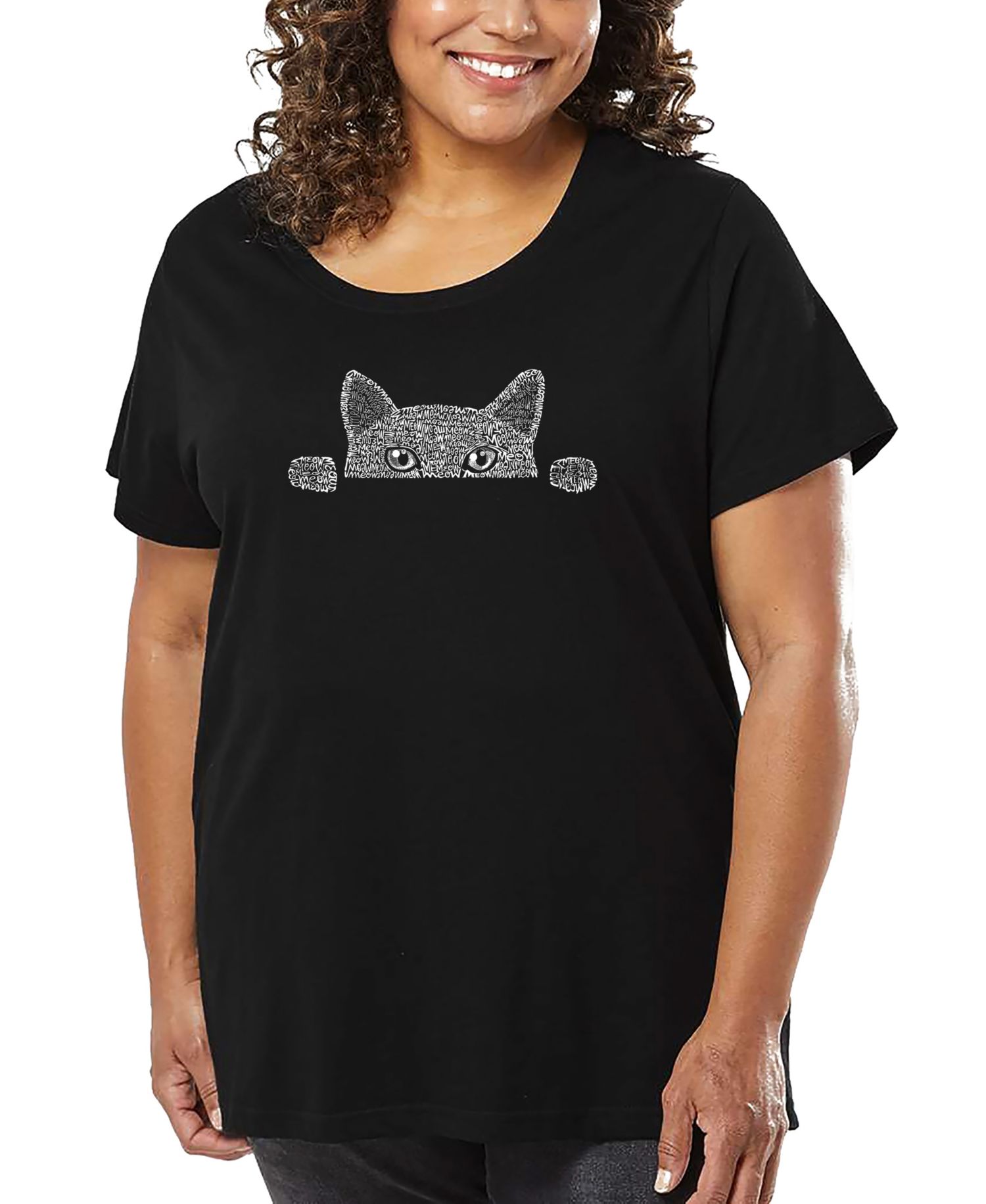 Plus Size Peeking Cat Word Art T-Shirt