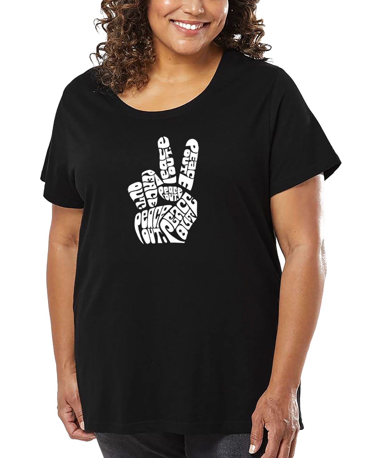 La Pop Art Plus Size Peace Fingers Word Art V-neck T-shirt In Black