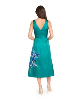 Women's V-Neck Flower Print Detail Midi Dress