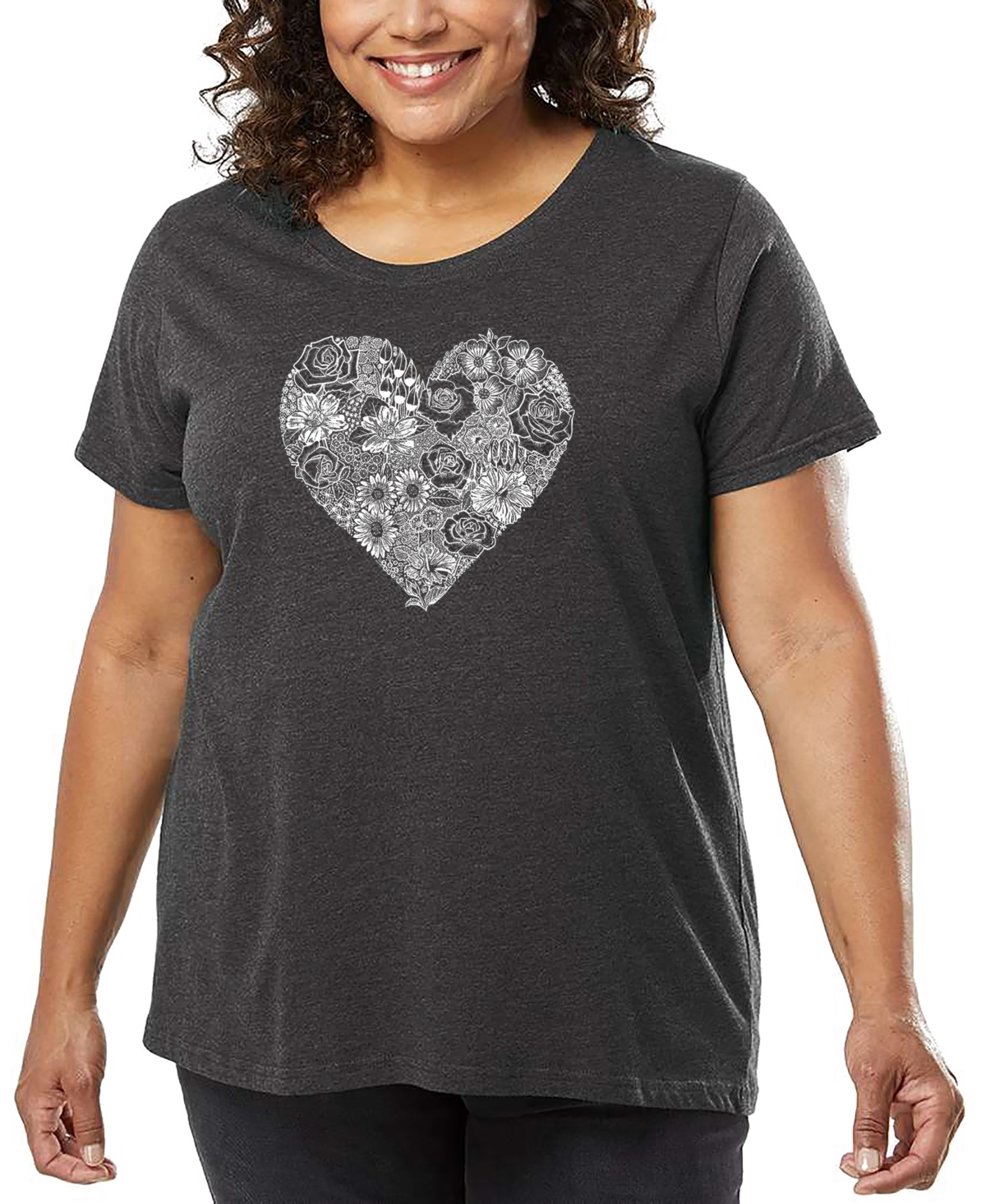 La Pop Art Plus Size Heart Flowers Art T-shirt In Gray