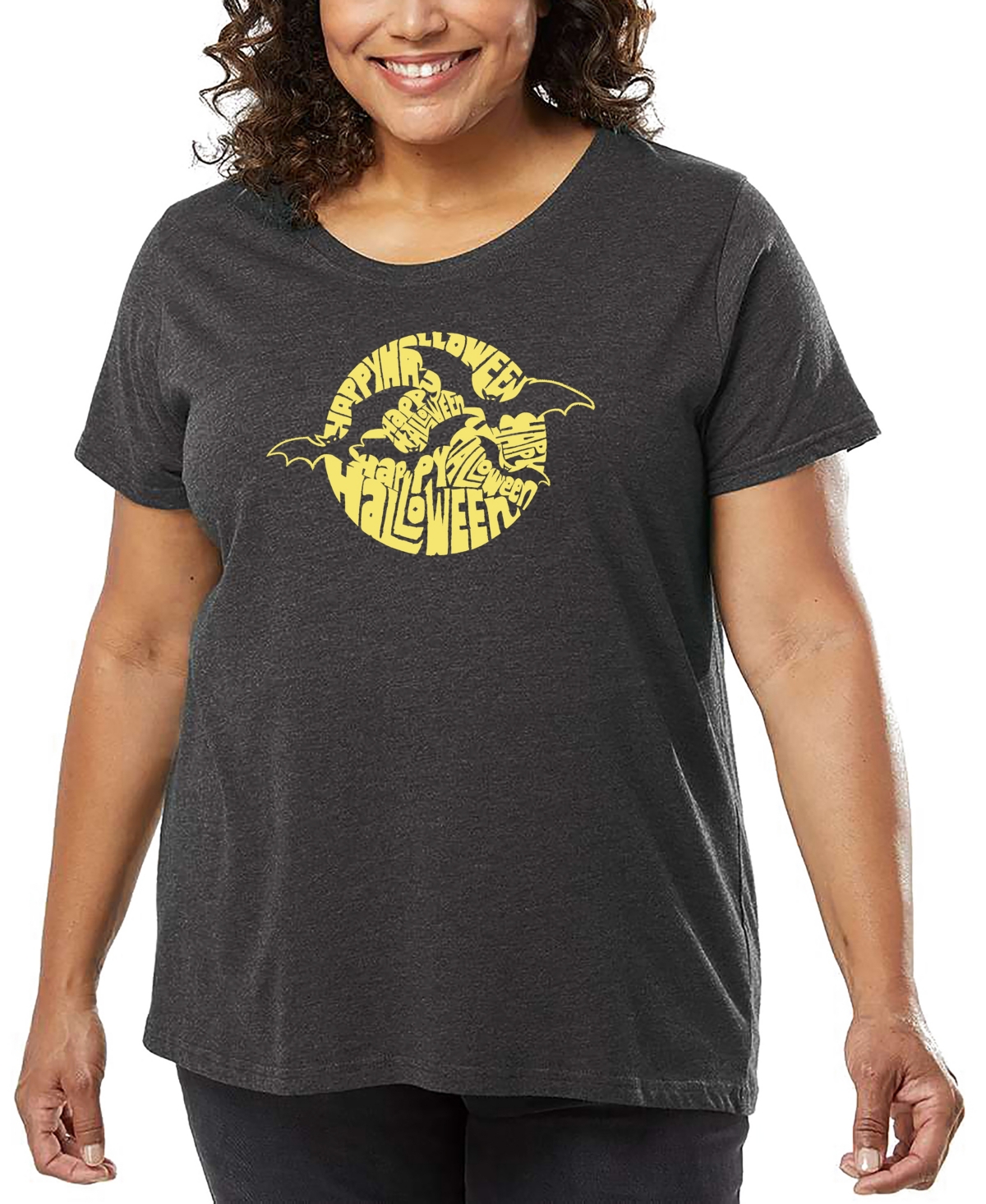 La Pop Art Plus Size Halloween Bats Word Art T-shirt In Gray