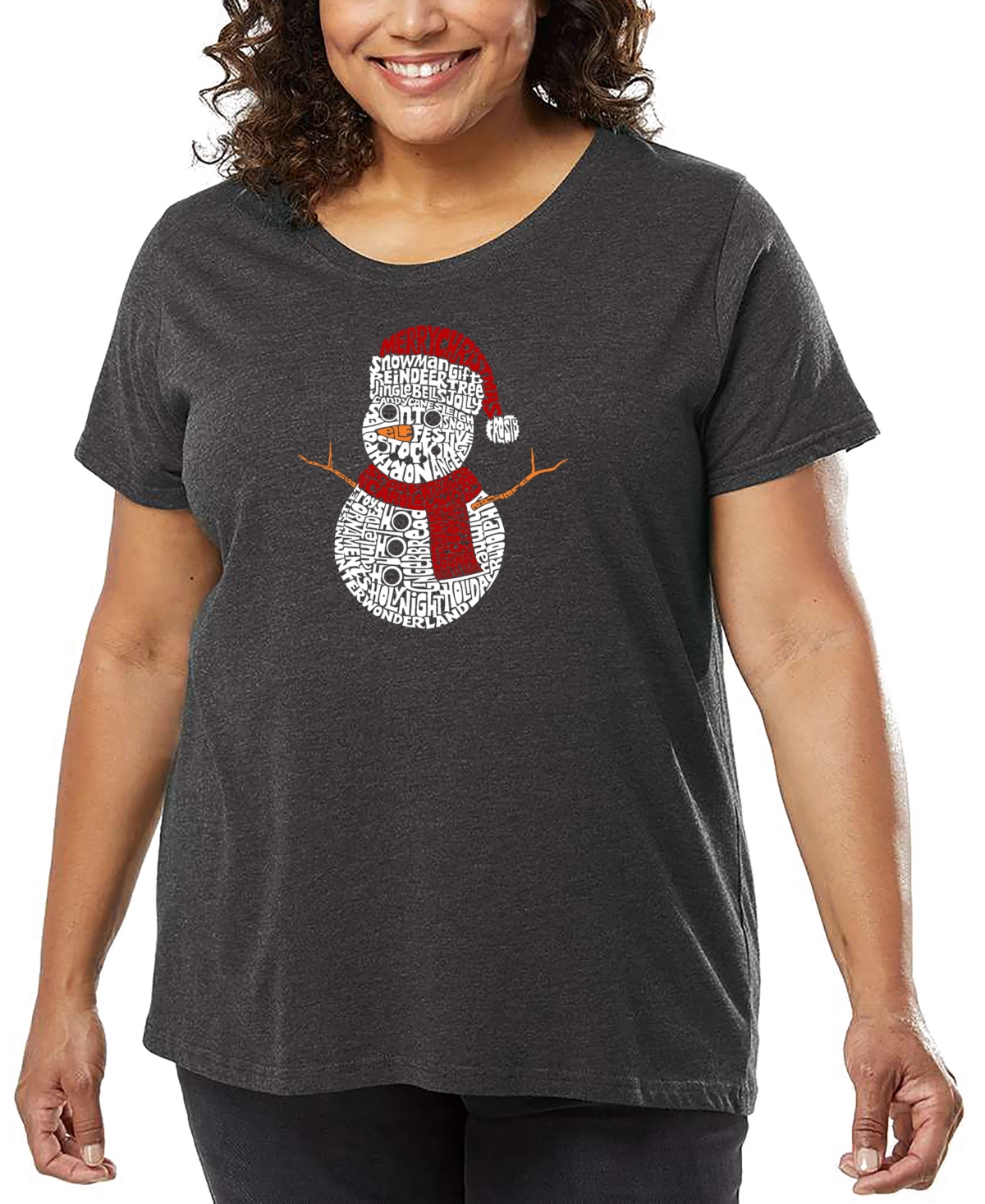 La Pop Art Plus Size Christmas Snowman Word Art T-shirt In Gray