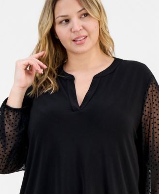 Plus Size Split-Neck Long-Sleeve Tunic