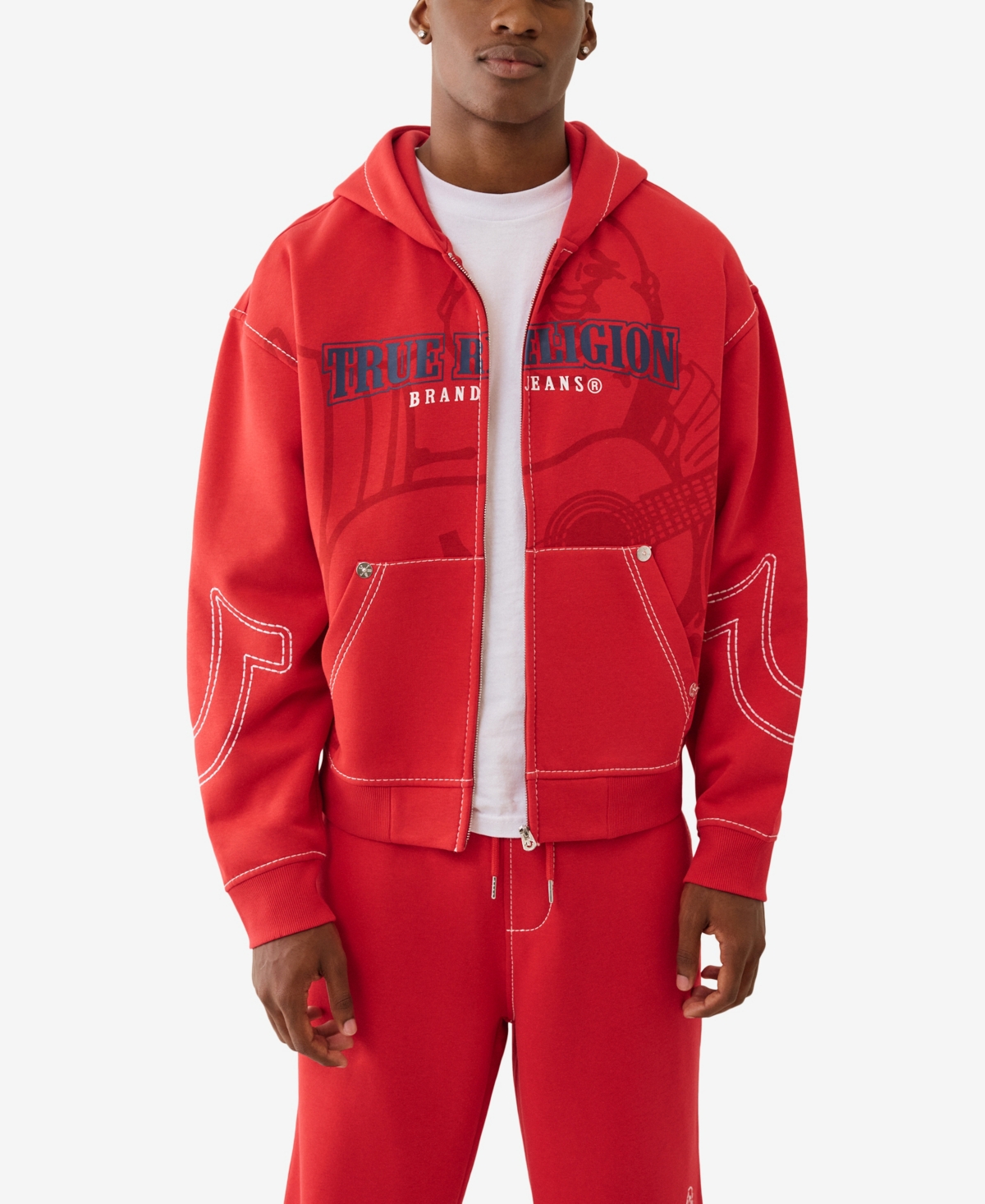 True Religion Cinched Big T Cotton Blend Zip Hoodie In Red