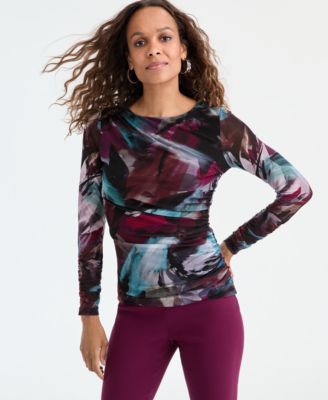 I.N.C. International Concepts - Petite Ruched Abstract-Print Top