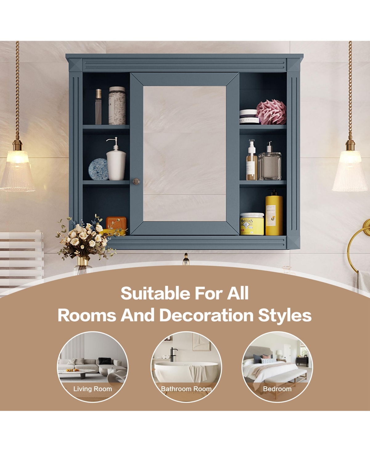 Casainc 35" x 28" Mirror Cabinet with 6 Open Shelves, Wall Mounted Bathroom Medicine (No Vanity)