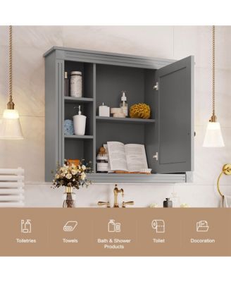 35" x 28" Mirror Cabinet with 6 Open Shelves, Wall Mounted Bathroom Medicine Cabinet (No Vanity)