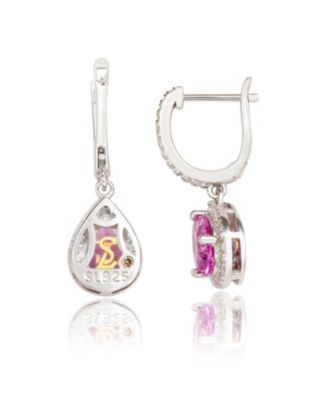 Suzy Levian Sterling Silver Sapphire Pear Shape Halo Dangling Earrings