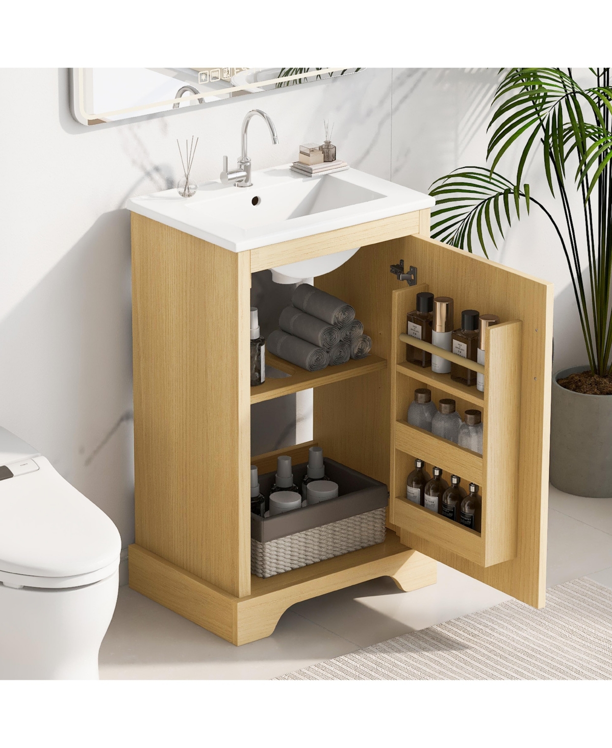 20" Bathroom Vanity with Sink, Soft Closing Door, Adjustable Shelf, Natural Wood Rack - Wood