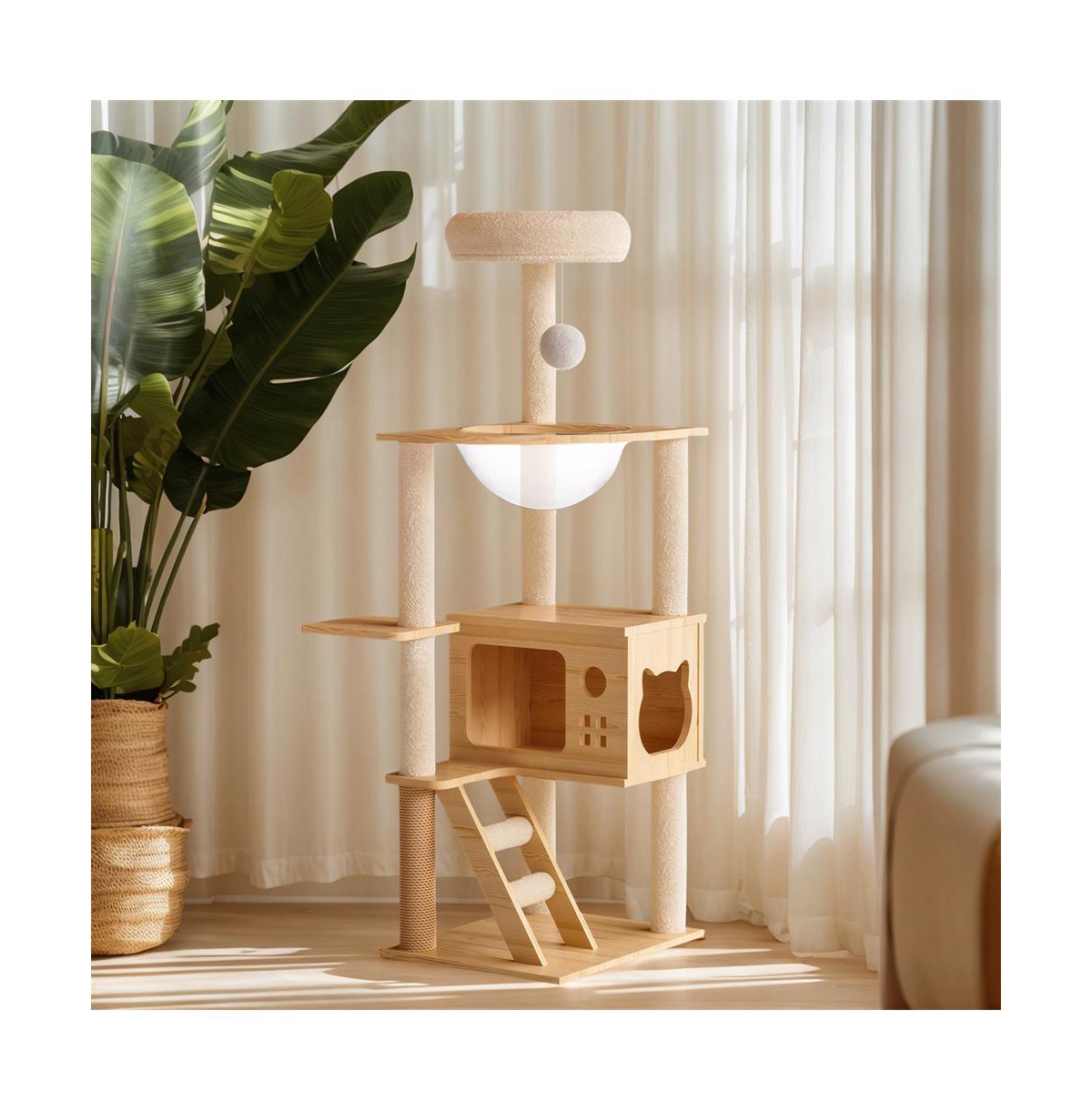 Aostirmotor 49 in. Wood Cat Tower with Acrylic Hammock for Small Large Cats