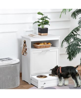 Pet Feeder Cabinet with Raised Bowls and Storage White