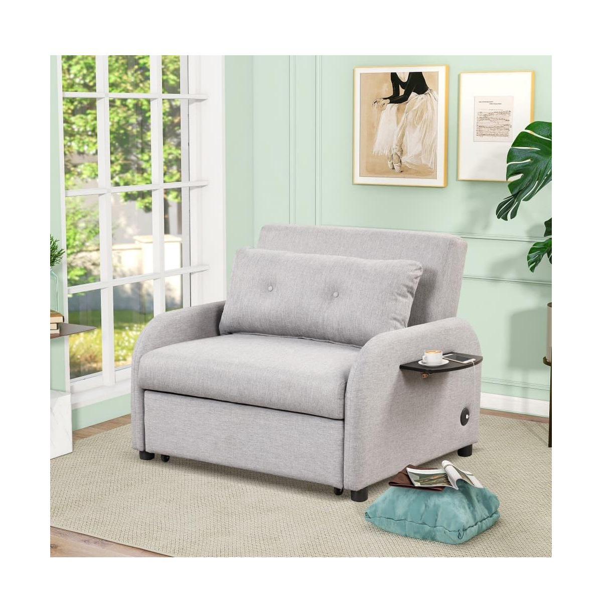 Maison Boucle Modern Linen Pull-Out Sleeper Sofa Bed with Usb Charger and Side Table for Living Room-Maison Boucle