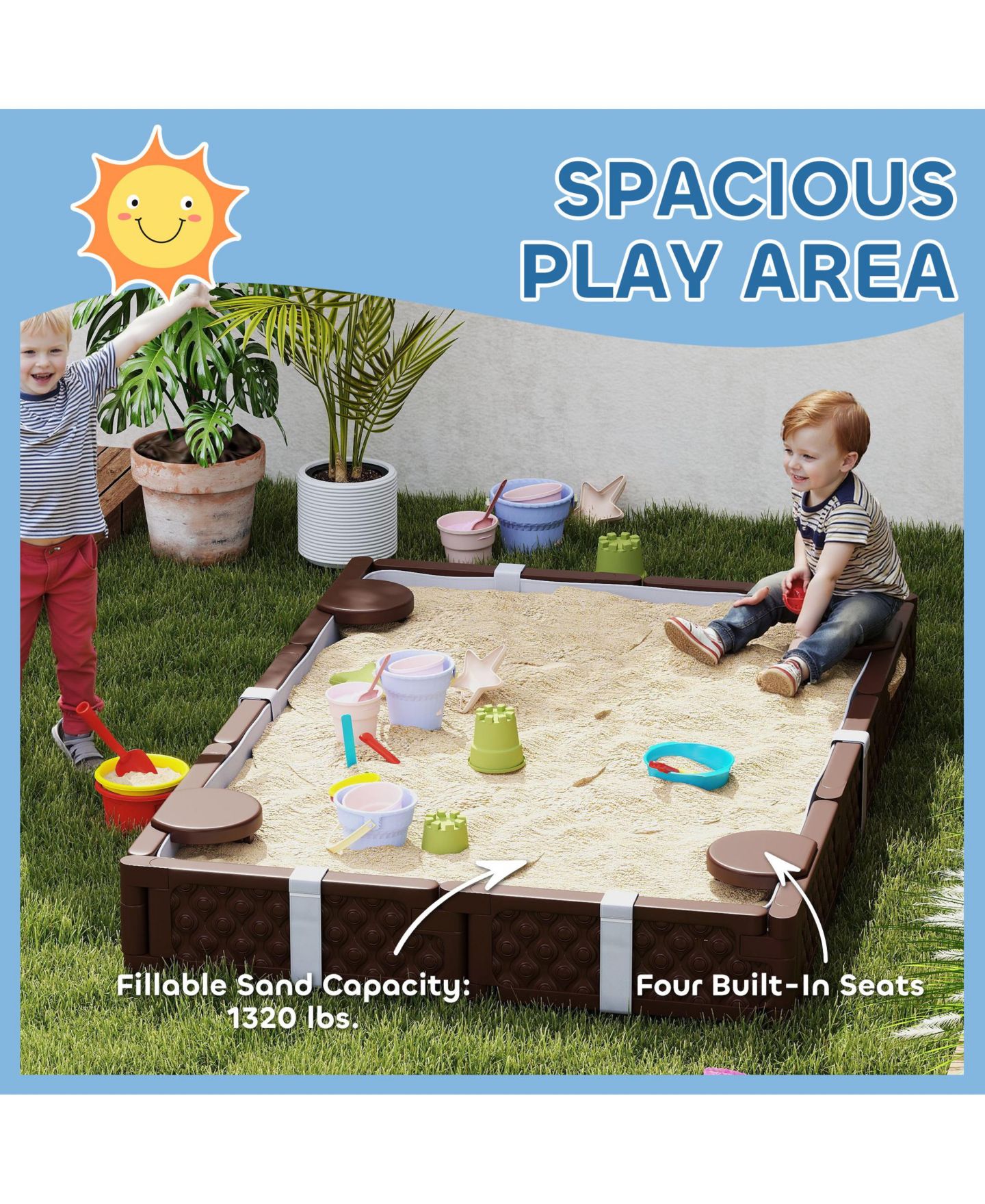 Детская игрушка Qaba 4-Seat Sandbox with Cover, Holds 1320 Lbs. of Sand, Ages 3-7, цвет: Коричневый — фото 4