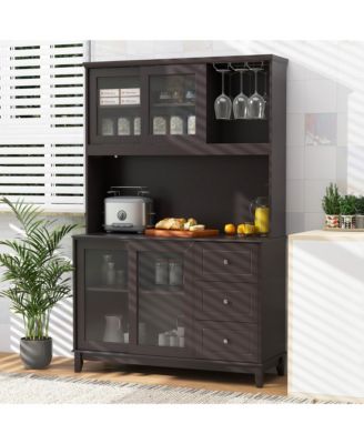 Kitchen Pantry Storage Cabinet Kitchen Hutch w/ LED lights & Power Outlet Dark
