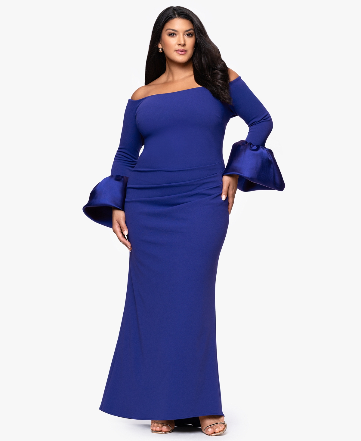 Betsy & Adam Plus Size Scuba Bell Sleeve Off-the-shoulder Long Dress In Blue