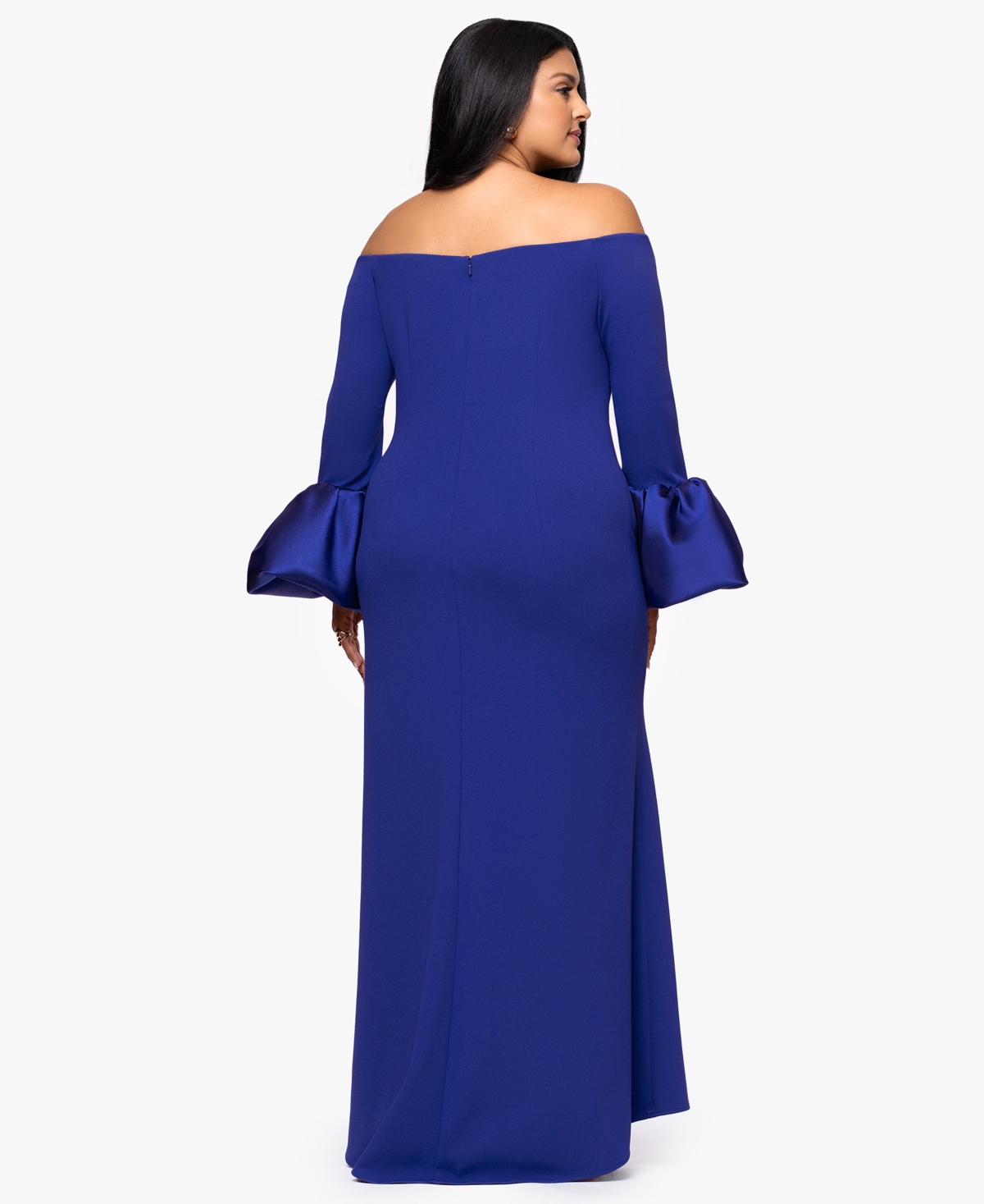 Betsy & Adam Plus Size Scuba Bell Sleeve Off-the-shoulder Long Dress In Blue