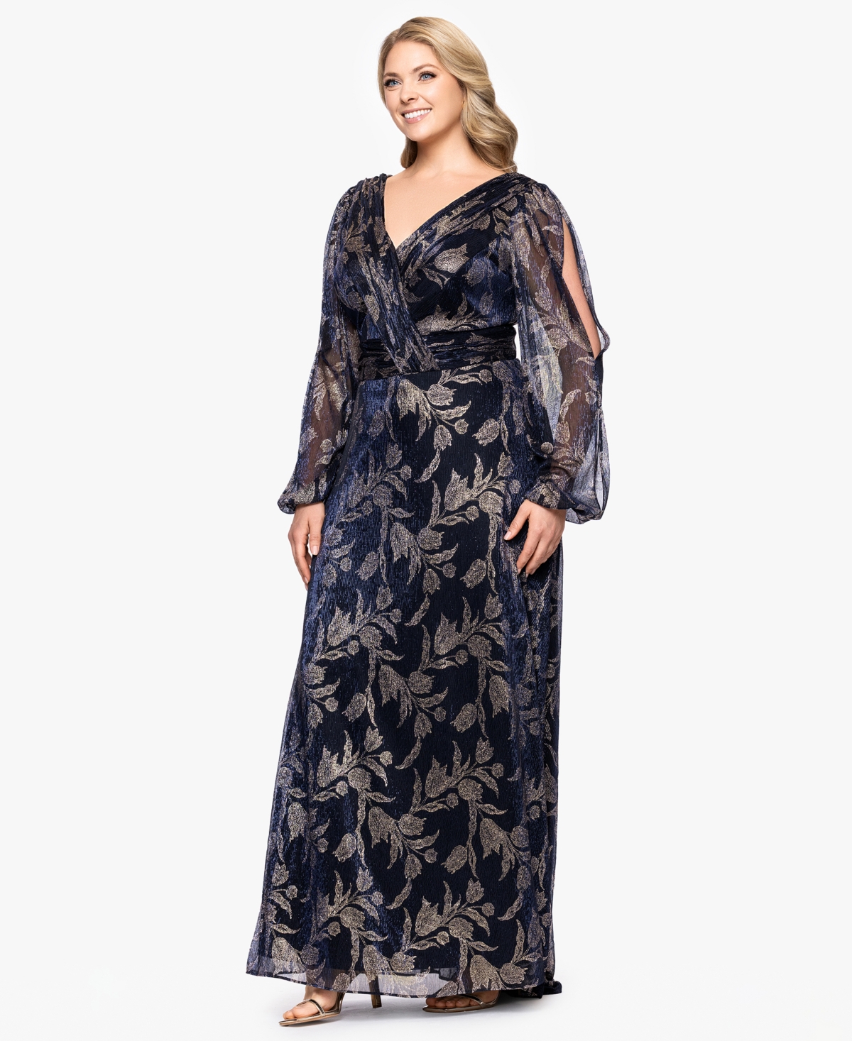 Betsy & Adam Plus Size Foil Crink Long Sleeve A-line Dress In Multi