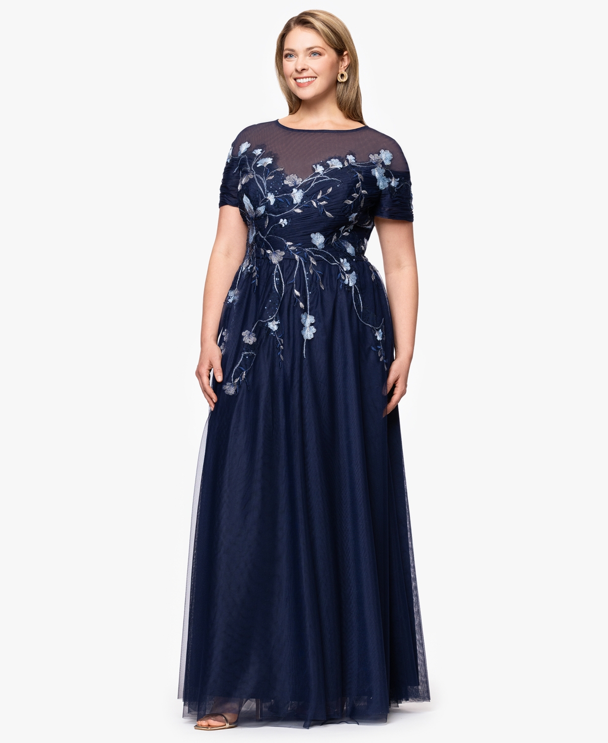 Betsy & Adam Plus Size Sequin Embellished A-line Maxi Dress In Blue