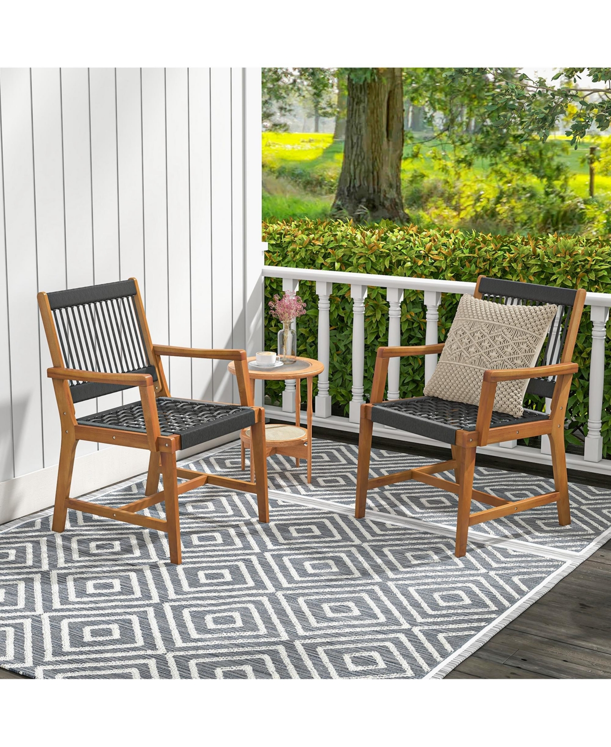 Patio 2pcs Acacia Wood Dining Chairs All-Weather Rope Woven Armchairs Outdoor