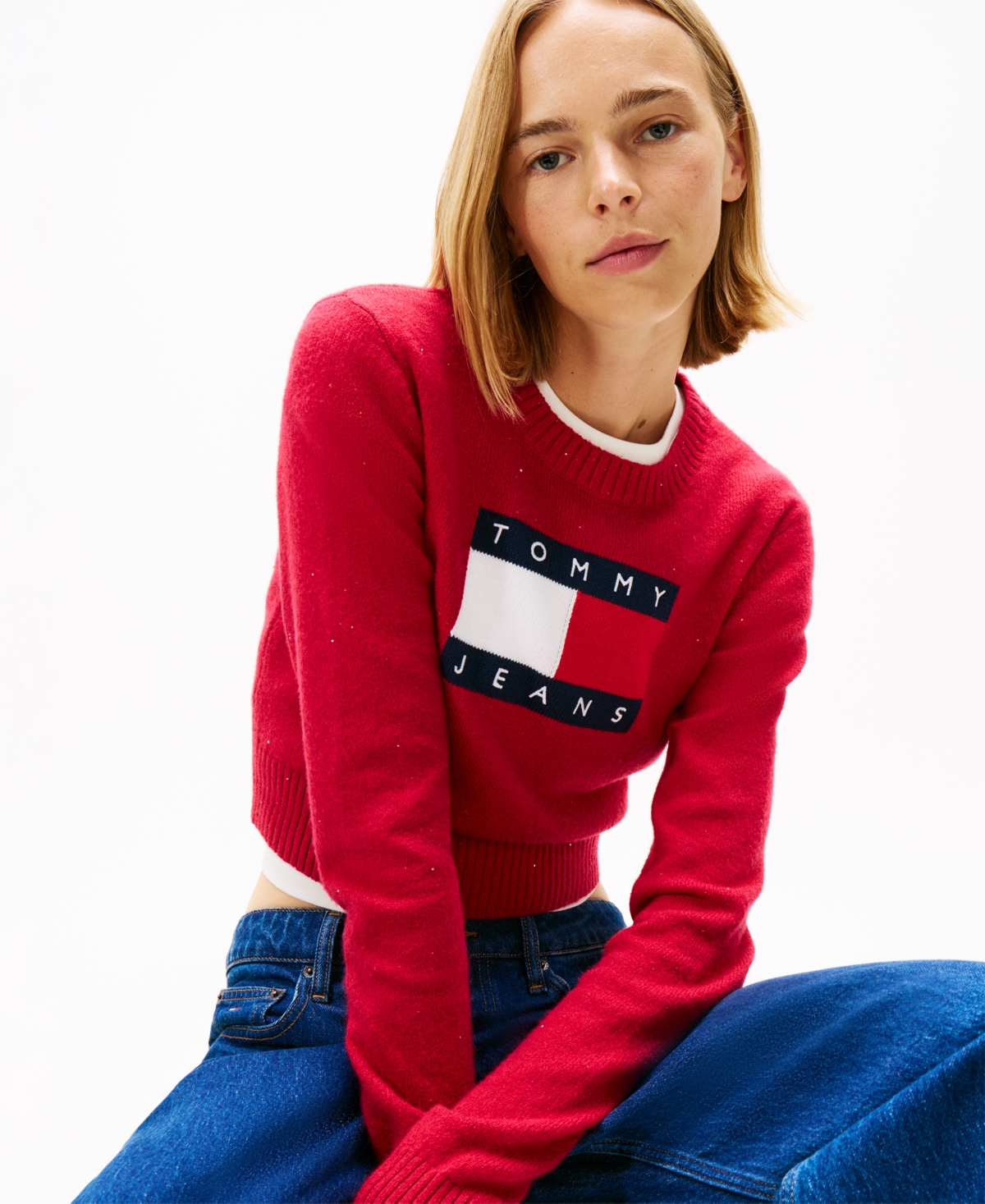 Tommy Jeans Women's Sparkle Flag Logo Sweater In Red