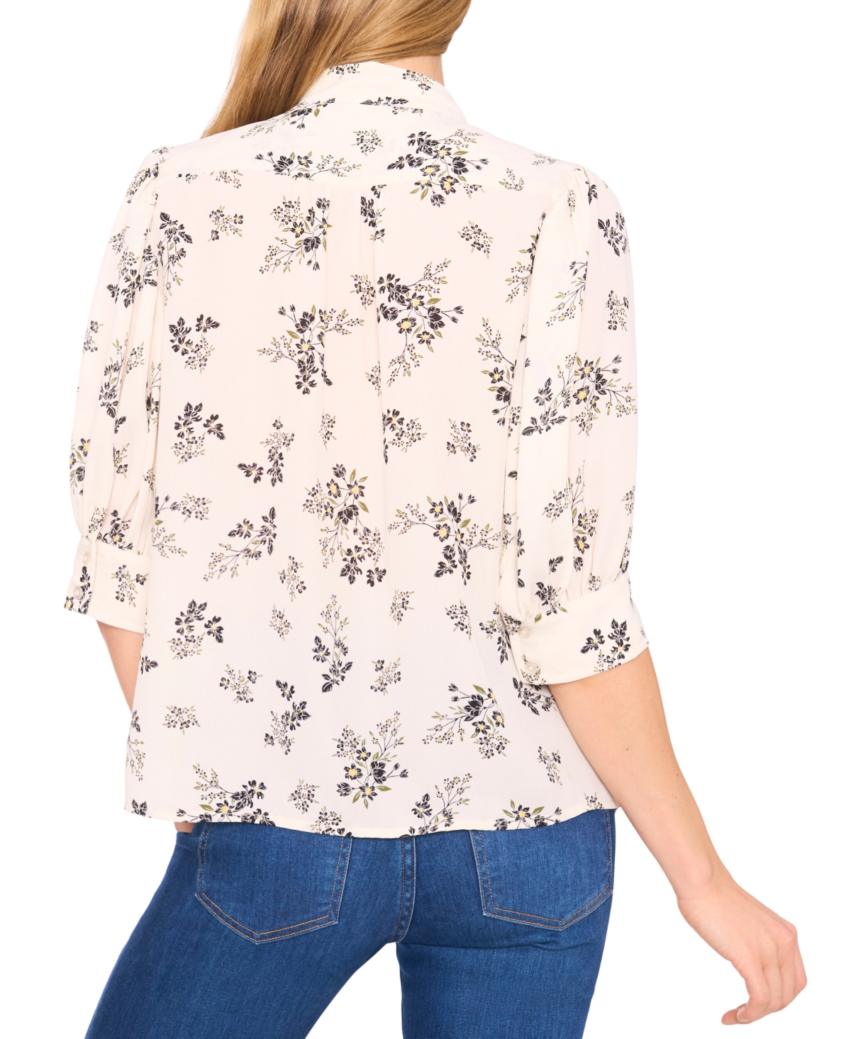 Cece Women's Puff Sleeve Button Down Shirring & Bow Detail Shirt In Neutral