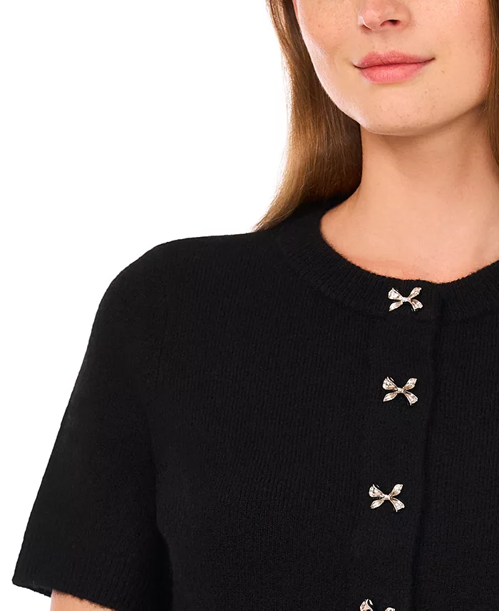 Women's Short Sleeve Bow Button Cardigan Sweater - thumbnail 2
