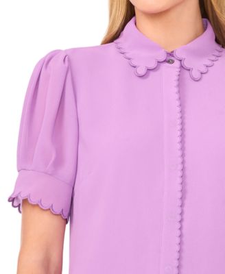 Women's Scalloped Puff-Sleeve Button-Front Top