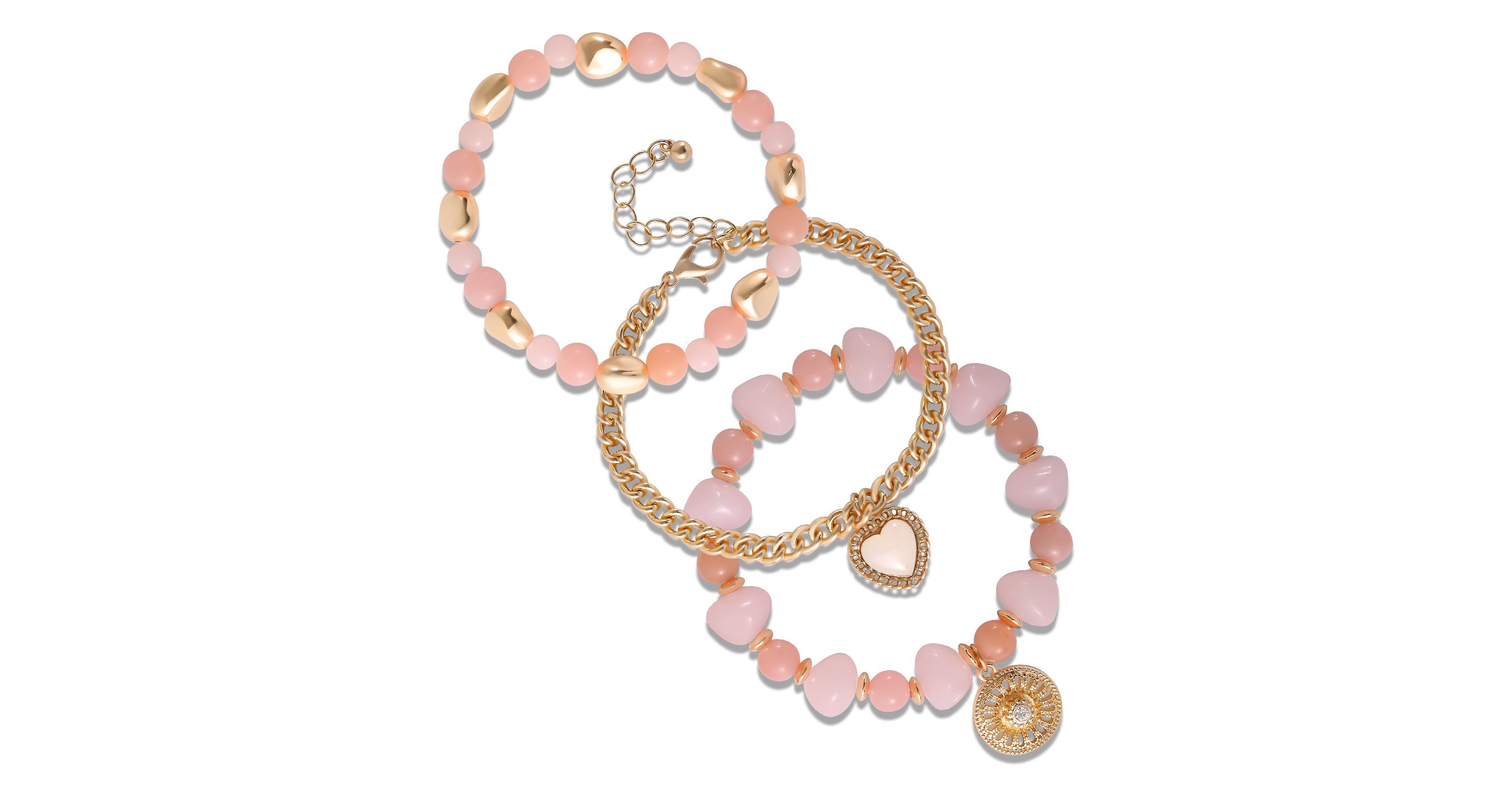 Jessica Simpson Set of 3 Pink and Gold-Tone Beaded Stretch Bracelets