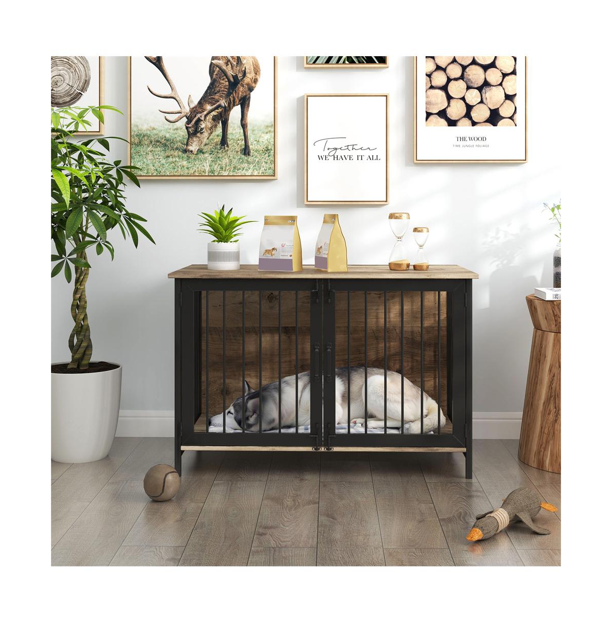 Aostirmotor Wooden Dog Crate Furniture Dog Kennel with 2 Doors for Large Medium Dog