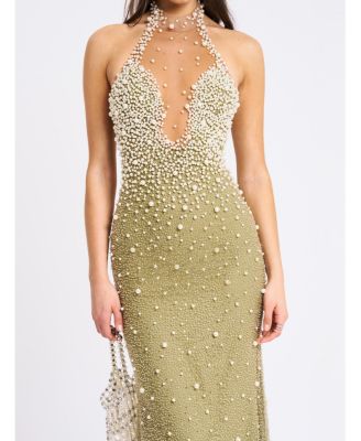 Women's Ginny Pear Green Pearl Embellished Backless Gown