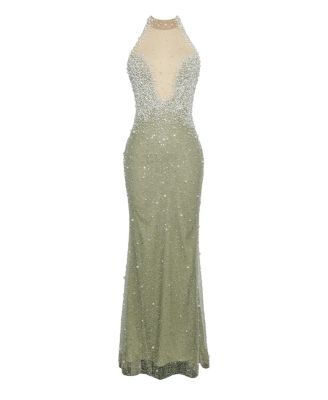 Women's Ginny Pear Green Pearl Embellished Backless Gown