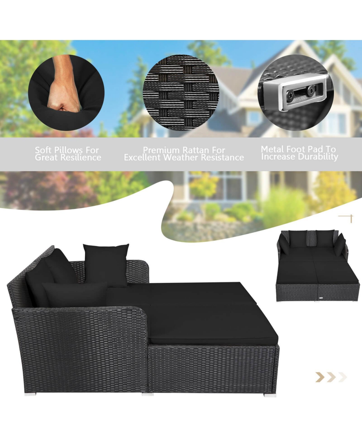 Outdoor Patio Rattan Daybed Thick Pillows Cushioned Sofa Furniture