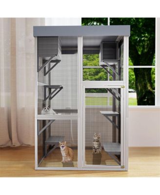 70.5 in. H Outdoor Wooden Cat Enclosure with 6 Jumping Platforms 2 Napping Houses Movable tarp cover in Gray