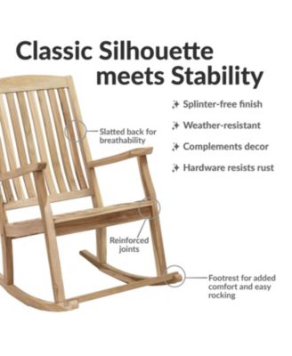 Teak Wood Outdoor Porch Rocking Chair with Slatted Back, 275 lb Capacity, Unfinished
