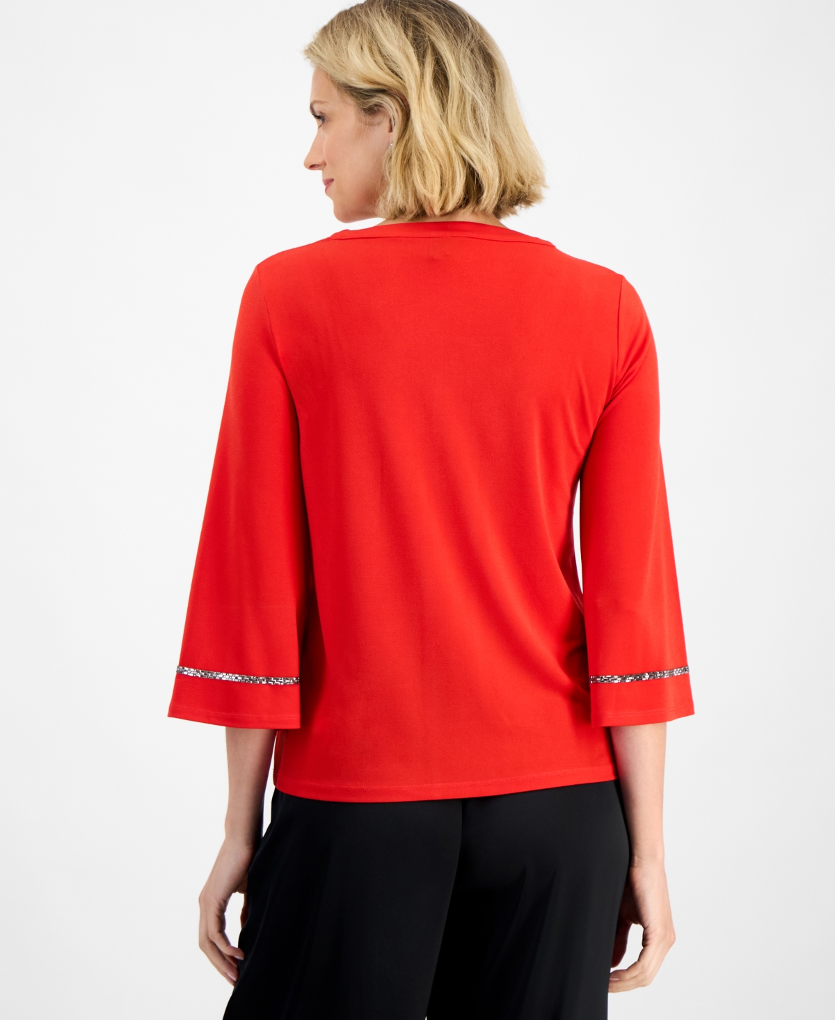 Jm Collection Petite Embellished V-neck Knit Top In Red