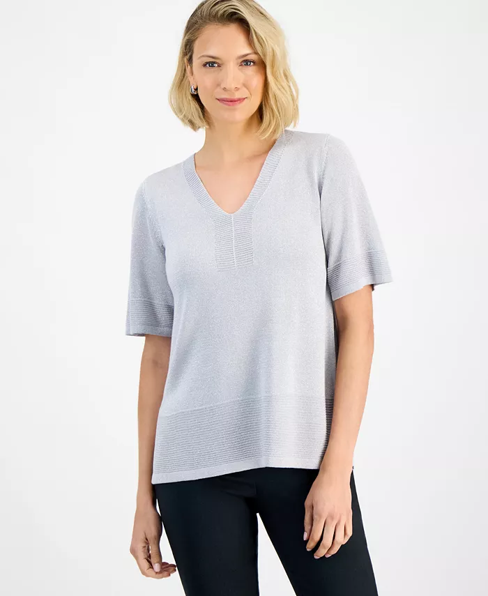 Petite Textured-Knit V-Neck Short-Sleeve Sweater