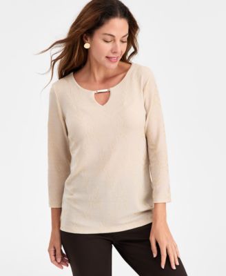 Macy's - Petite Leafy-Floral Shine Party Jacquard Top