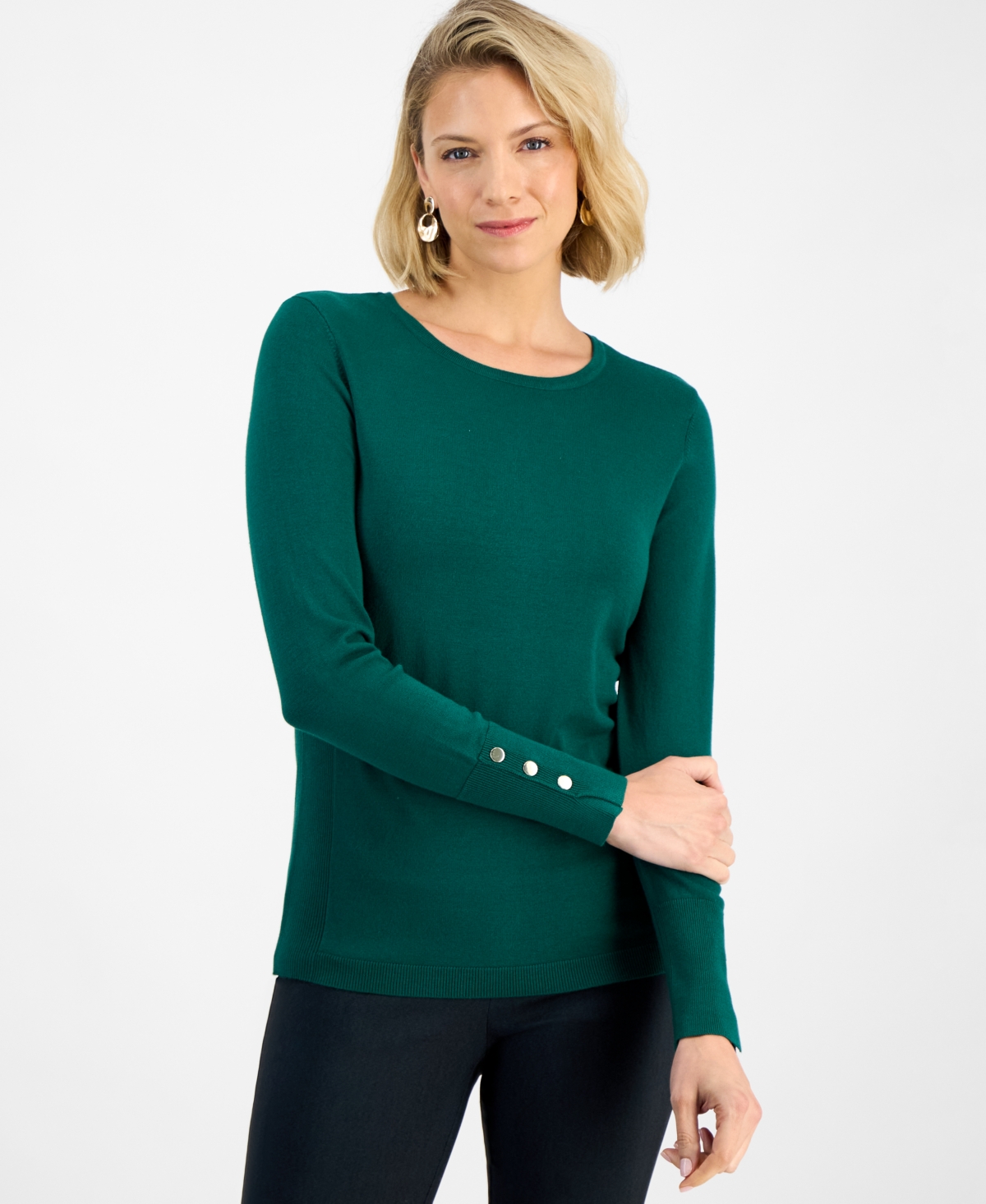 Jm Collection Women's Button-sleeve Crewneck Sweater, Created For Macy's In Green