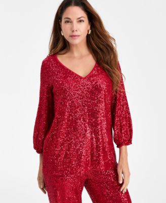 JM Collection - Women's Sequinned 3/4-Sleeve Top