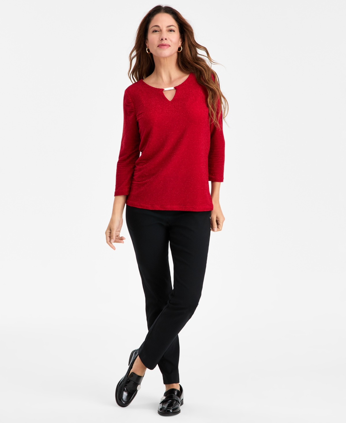 Jm Collection Women's Shine Striped Keyhole Top, Macy's Exclusive In Red