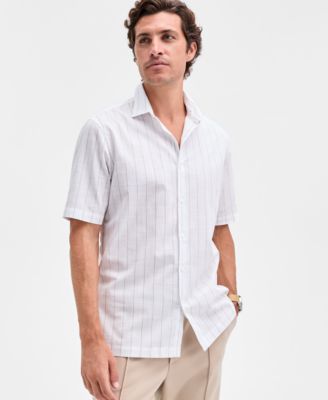 Alfani - Men's Short Sleeve Poplin Spaced Stripe Button-Front Shirt