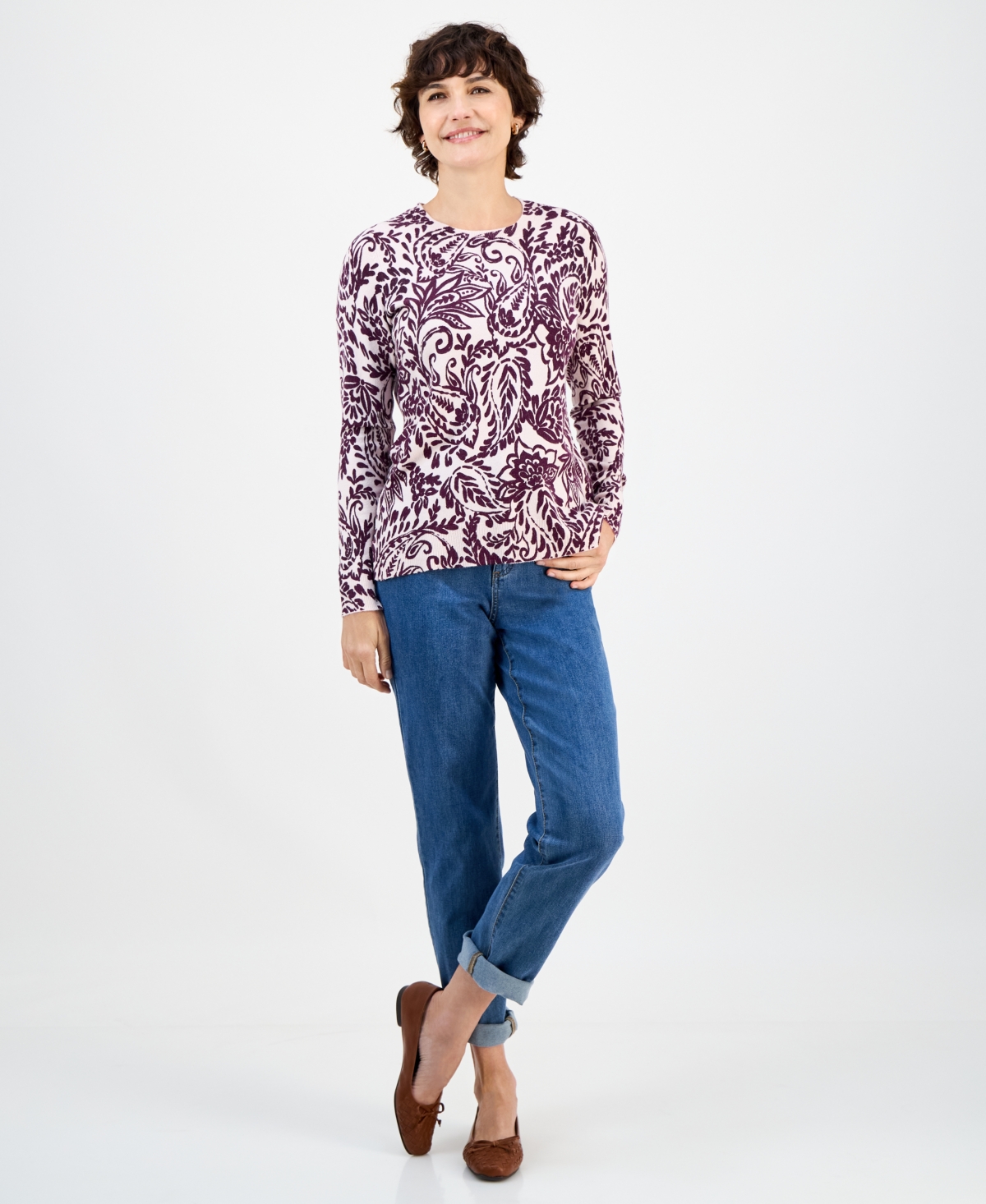 Style & Co Women's Printed Crewneck Sweater, Macy's Exclusive In Pink