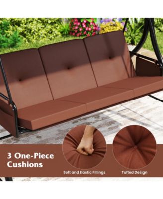 3-Seat Patio Swing w/ Canopy & Removable Cushions & Side Pockets Stand