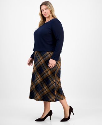 Plus Size Sweater-Top Plaid-Skirt Dress
