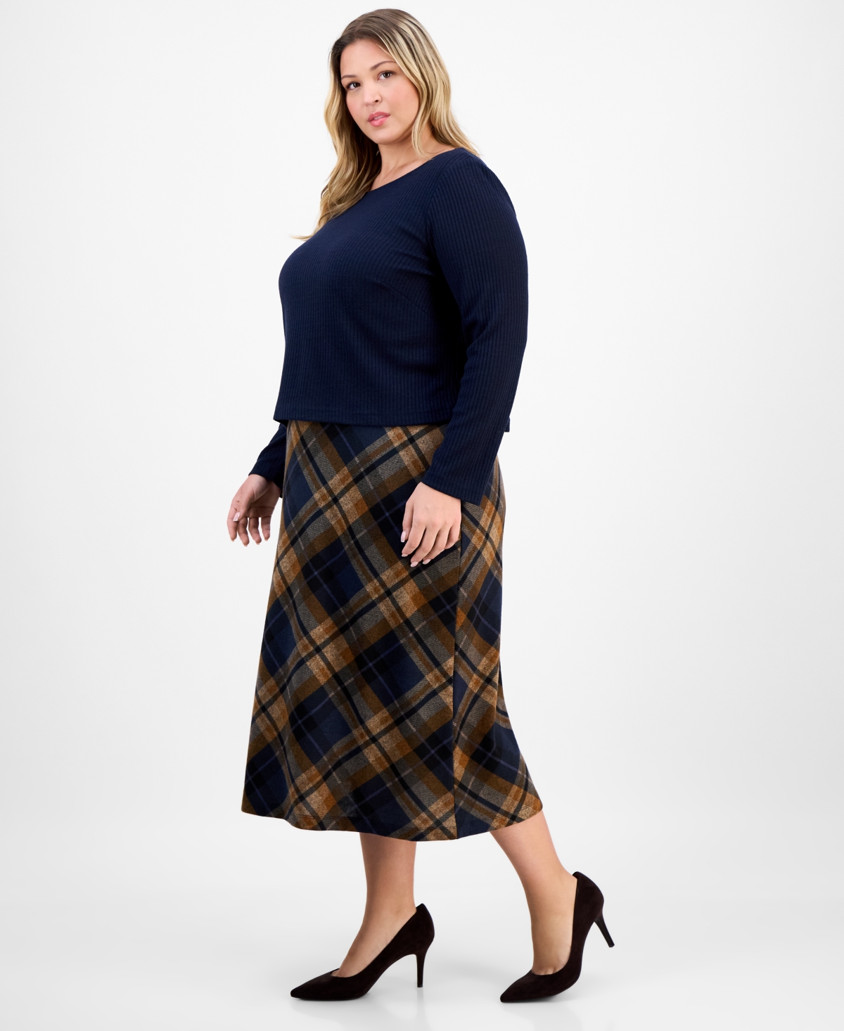 Connected Plus Size Sweater-top Plaid-skirt Dress