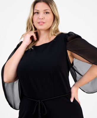 Plus Size Bell-Sleeve Tassel-Belt Jumpsuit